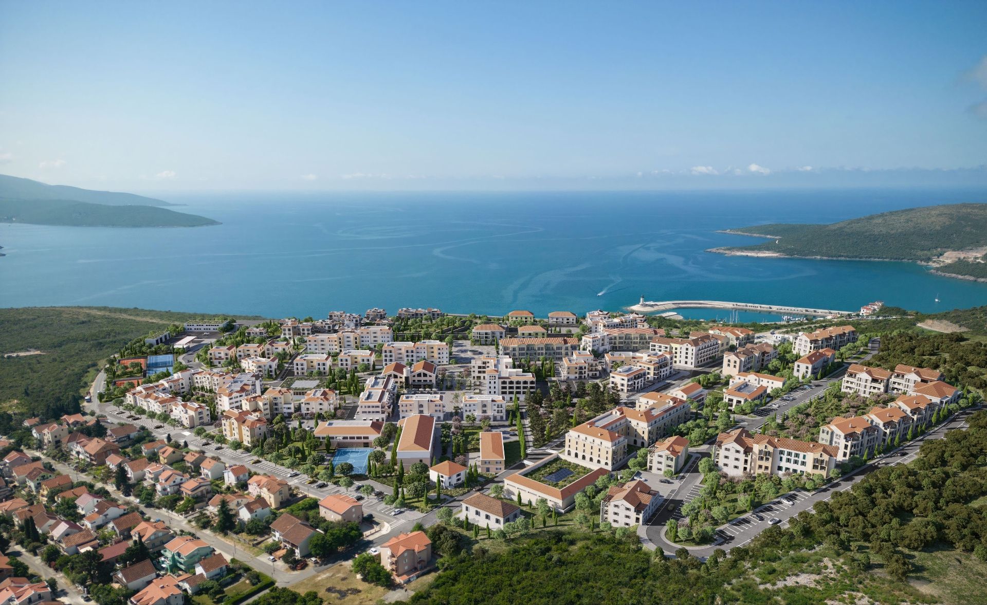 Centrale aerial view showing location within Luštica Bay resort, Montenegro