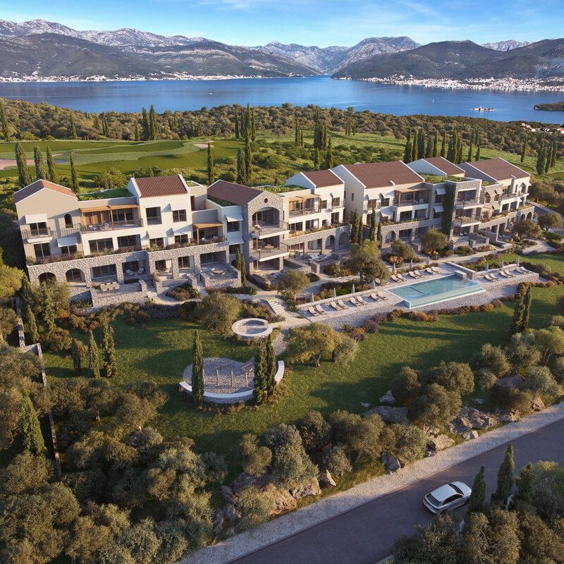 Botanika Apartments aerial view with Boka Bay