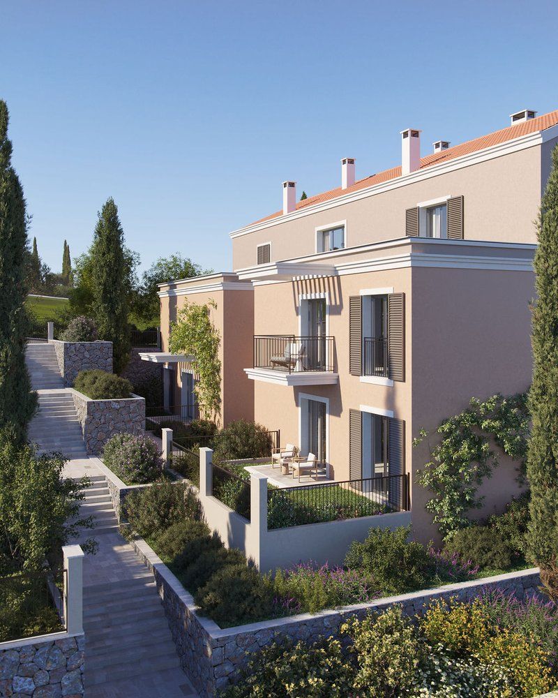 Heights hillside apartments with Mediterranean landscaping