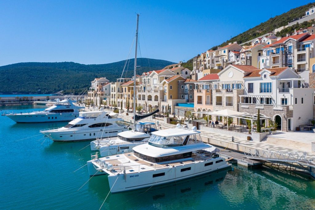 Aerial view of Luštica Bay resort and marina on Montenegro's Adriatic coast