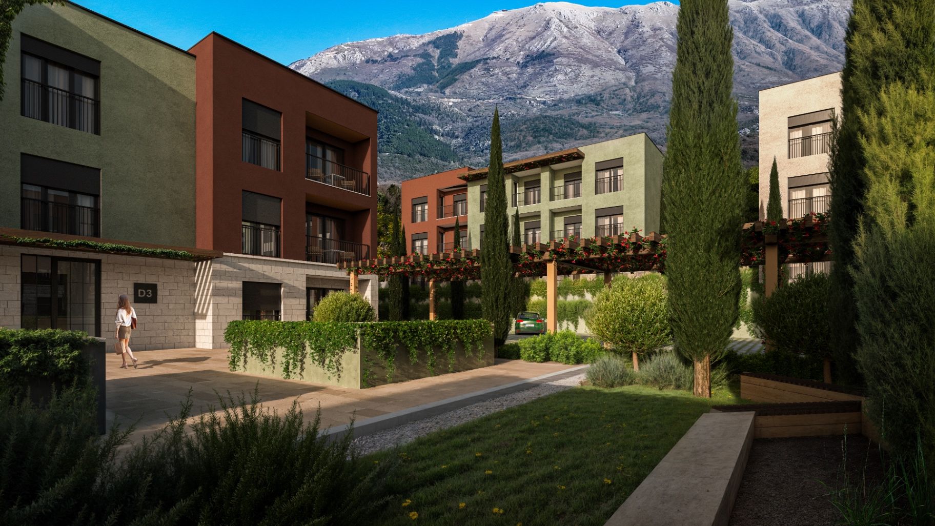 Pelinovo Residences stone facades with Bay of Kotor mountain backdrop