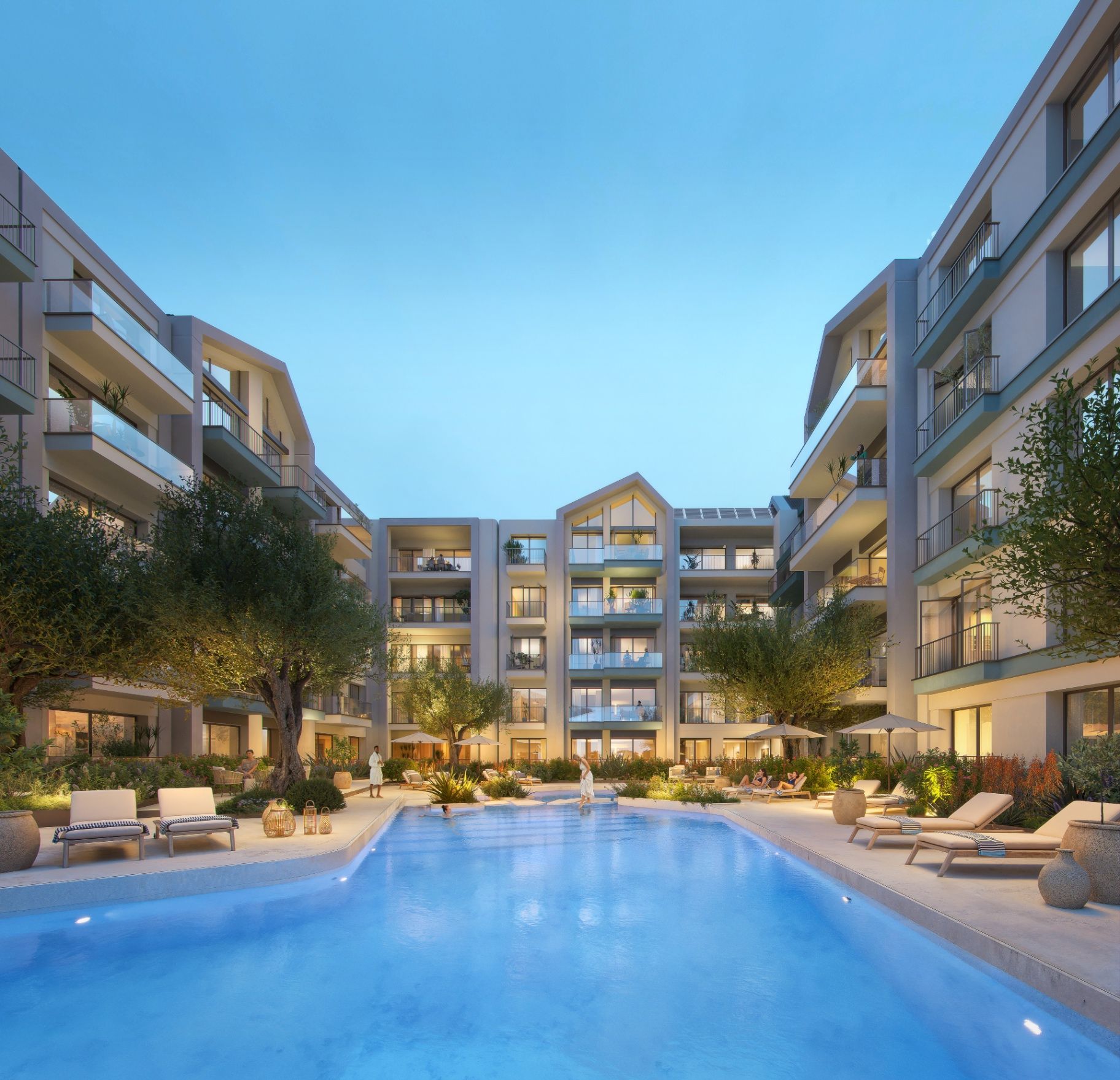 Versa Residences pool courtyard at dusk, Porto Montenegro