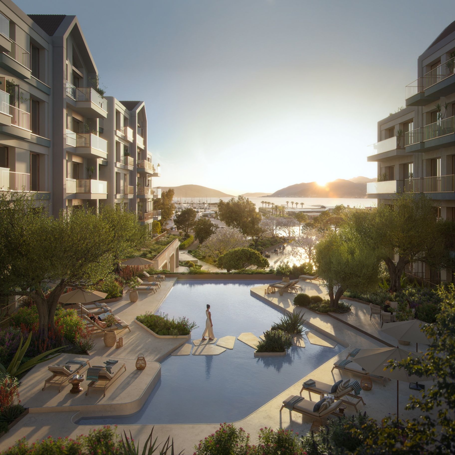Vero Residences pool terrace at sunset, Porto Montenegro, Tivat