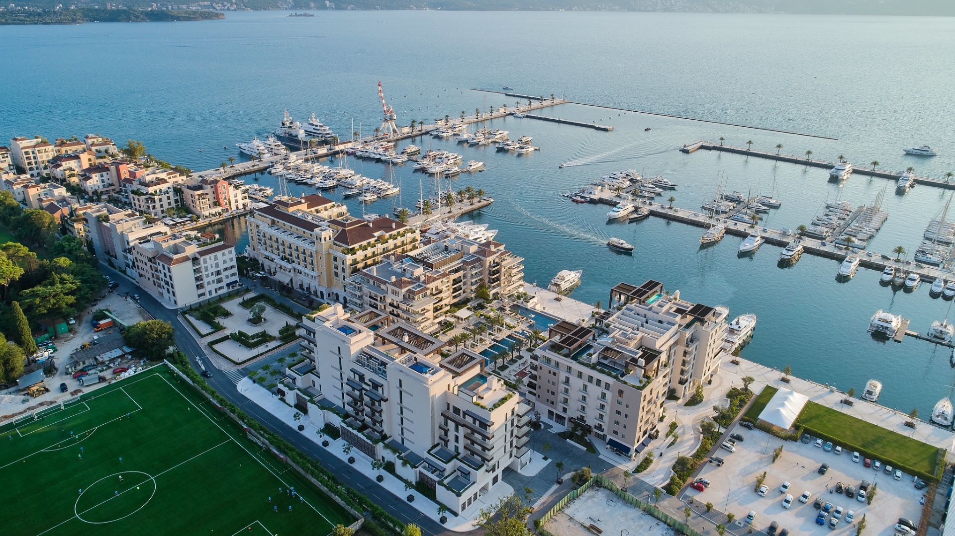 Aerial view of Porto Montenegro superyacht marina and luxury residences in Tivat
